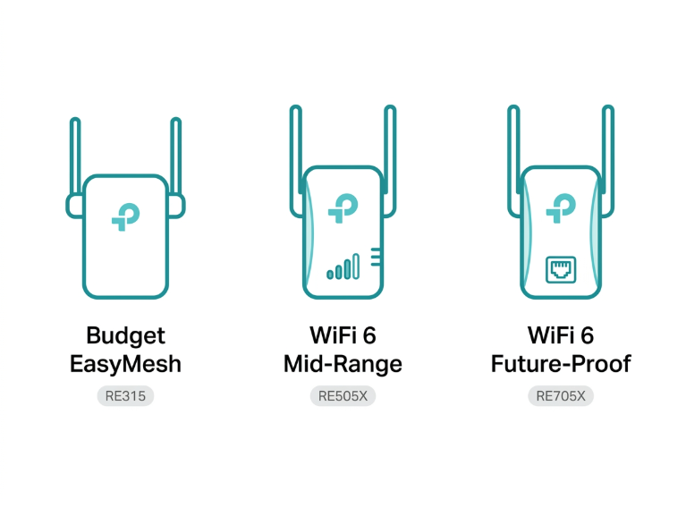 Current TP-Link WiFi extender lineup showing RE315, RE505X, and RE705X with their respective WiFi generations