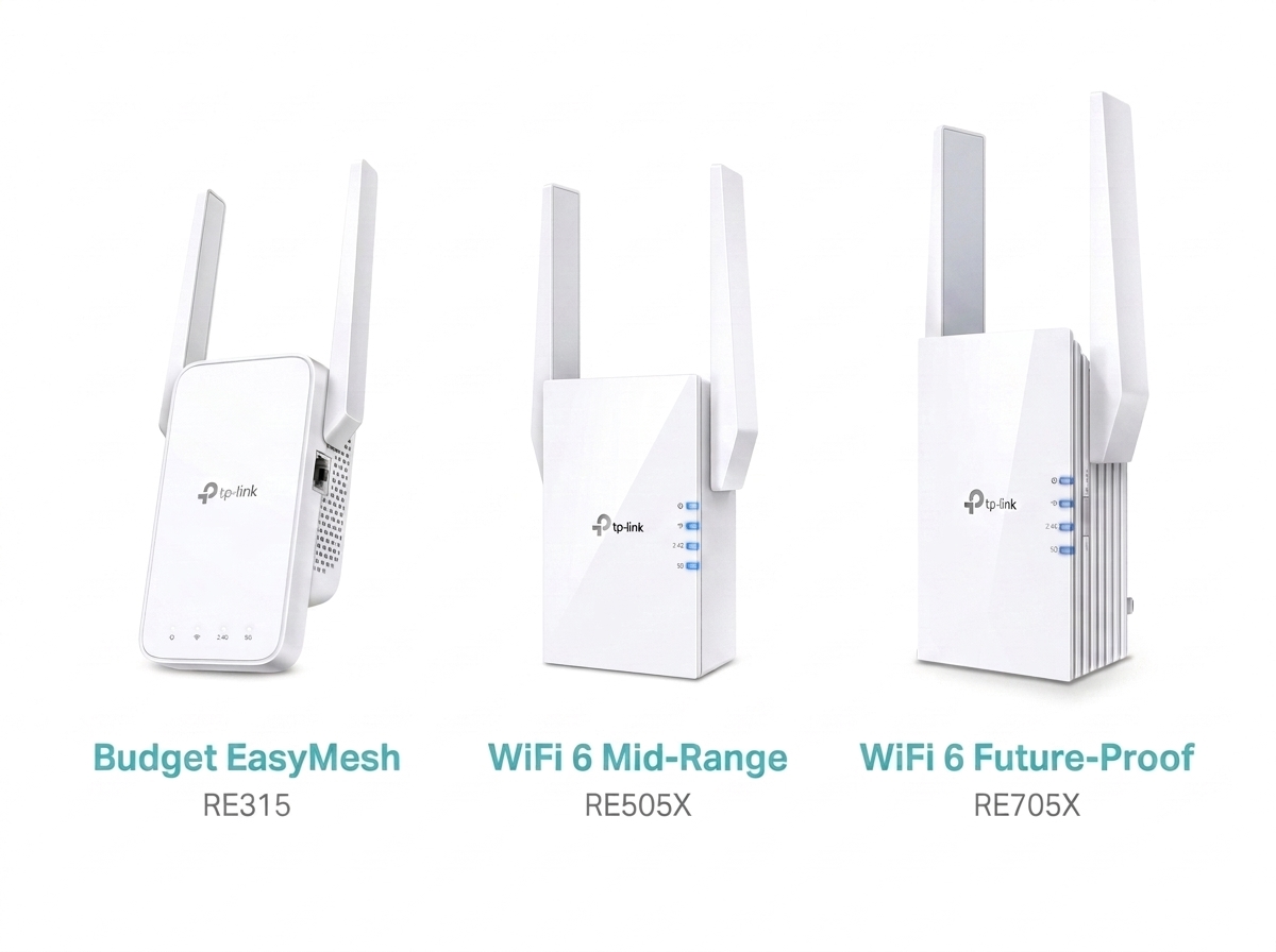 Product photo of three real TP-Link WiFi extenders currently sold: RE315, RE505X, and RE705X
