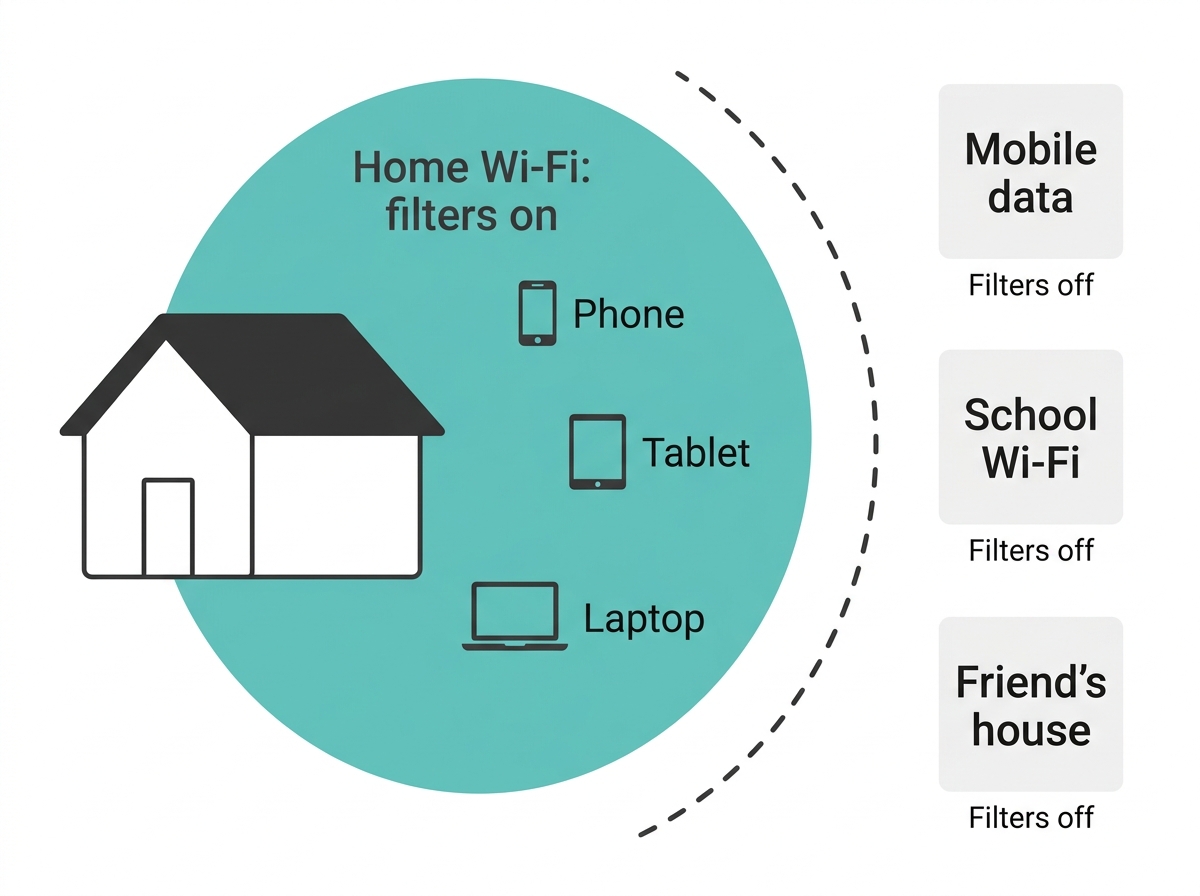 Diagram showing TP-Link content filters apply on home Wi-Fi but not on mobile data, school Wi-Fi, or a friend's network