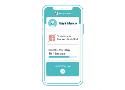 TP-Link HomeShield parental controls interface in the Tether app showing a student profile with social media blocked and Wi-Fi Pause button for Filipino parents