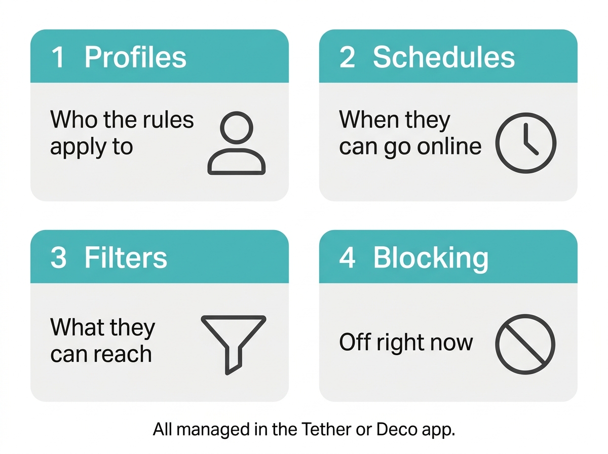 The four tools in TP-Link parental controls: profiles, schedules, content filters, and device blocking