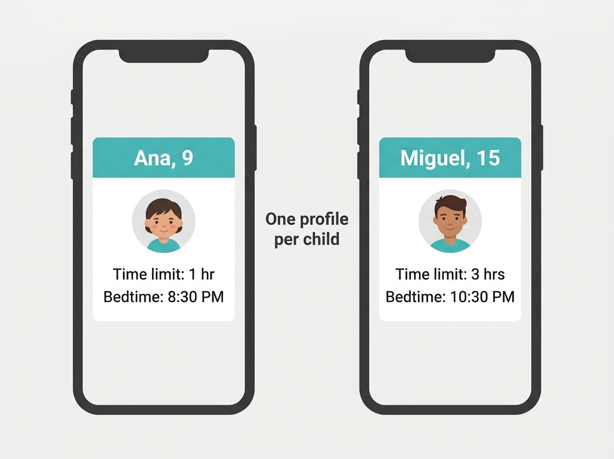 Two TP-Link parental control profiles with different daily time limits and bedtimes for a younger child and a teenager
