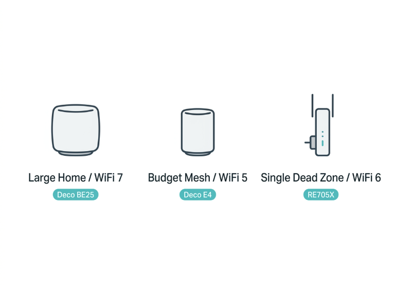 Flat lay illustration of three TP-Link devices - the Deco BE25, Deco E4, and RE705X - labeled for their respective use cases