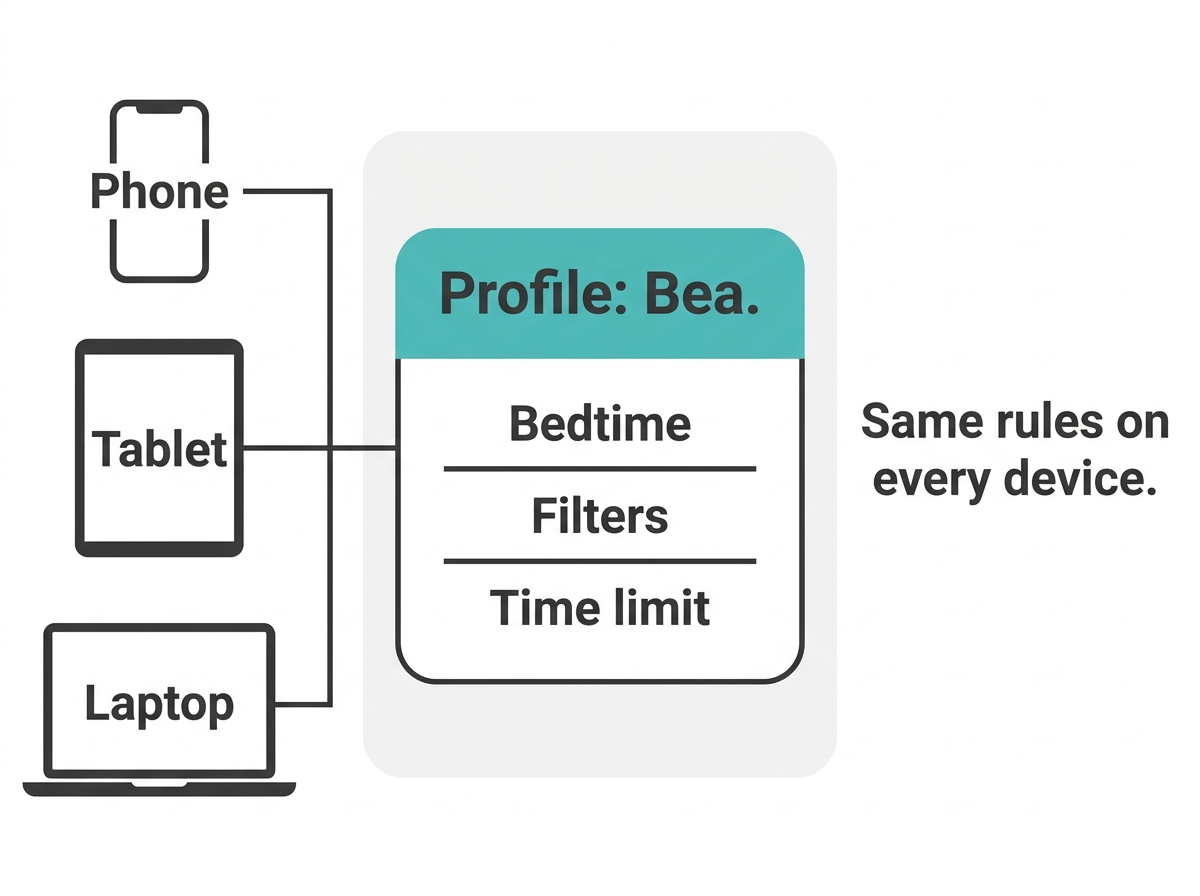 Diagram of a TP-Link parental controls profile applying the same rules to a child's phone, tablet, and laptop