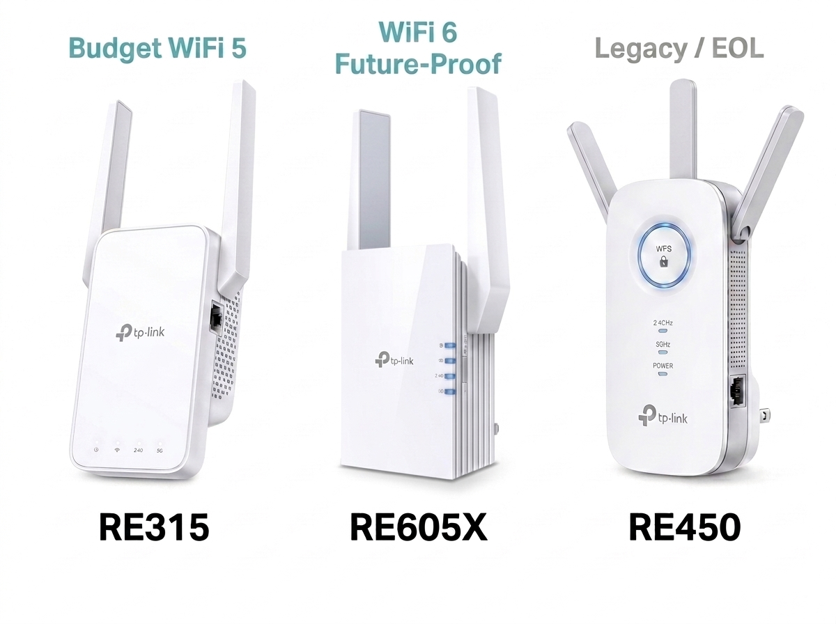 Three TP-Link range extender product illustrations showing the RE315, RE605X, and RE450 in flat design style
