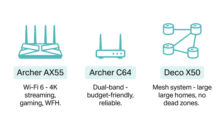 TP-Link router lineup for Philippine homes 2026 - Archer AX55 Wi-Fi 6 router, Archer C64 dual-band router, and Deco X50 mesh system compared side by side