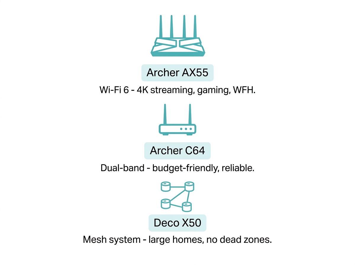 TP-Link router lineup for Philippine homes 2026 - Archer AX55 Wi-Fi 6 router, Archer C64 dual-band router, and Deco X50 mesh system