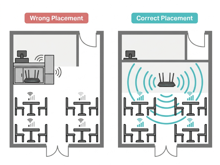 Correct vs incorrect router placement in a Philippine shophouse cafe - central wall mount for full coverage vs hidden counter cabinet causing weak signal at customer tables