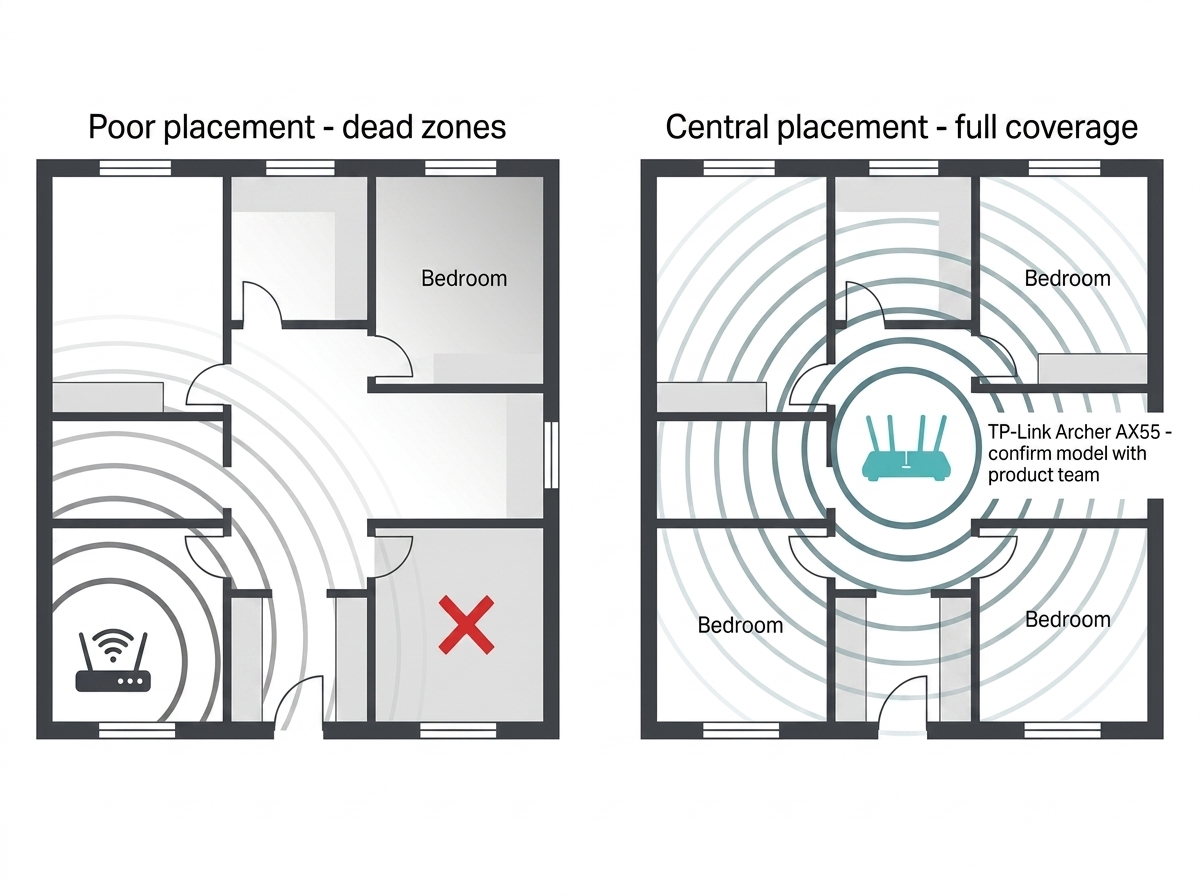 TP-Link Archer AX55 router placement guide for Philippine homes showing central placement with strong signal coverage versus poor corner placement