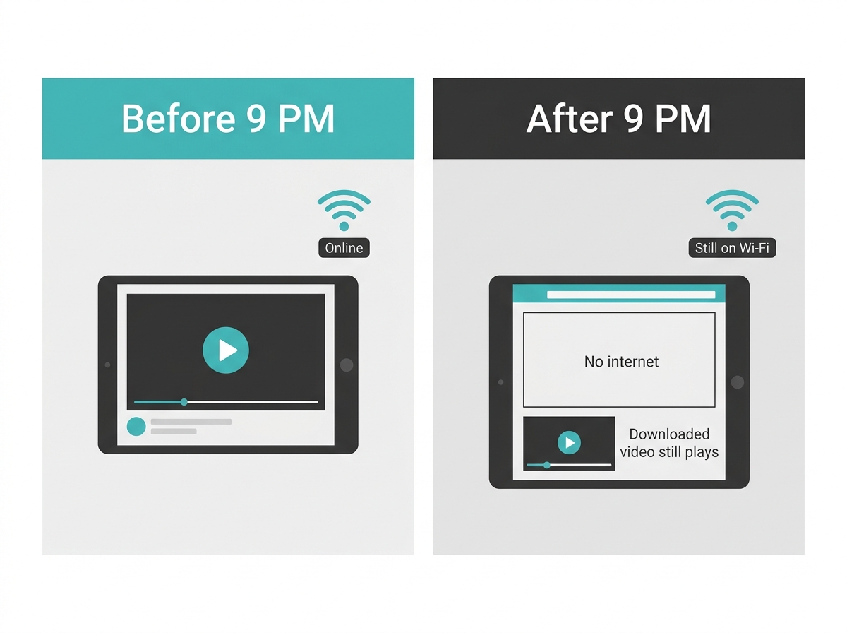 Tablet before and after a TP-Link bedtime cutoff, still on Wi-Fi with no internet while downloaded videos keep playing