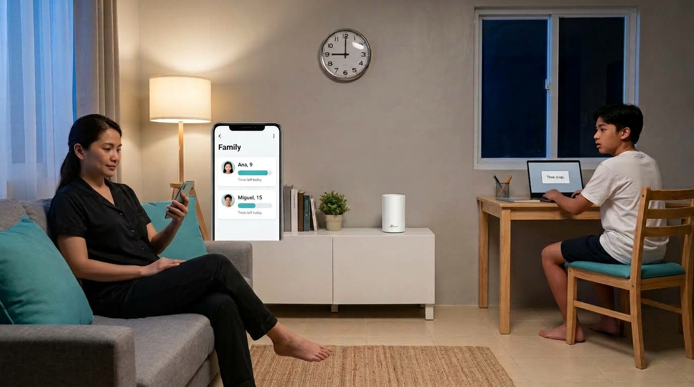 Filipino mother checking her kids' daily screen time limits in the TP-Link app at 9 PM while her teenage son's laptop shows Time is up