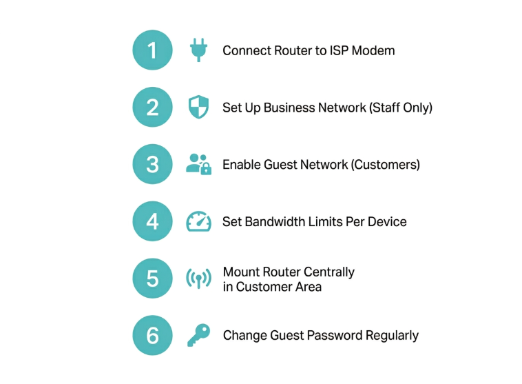 Six-step Wi-Fi setup checklist for Philippine small businesses - guest network, bandwidth limits, router placement, and password management using a TP-Link Archer router