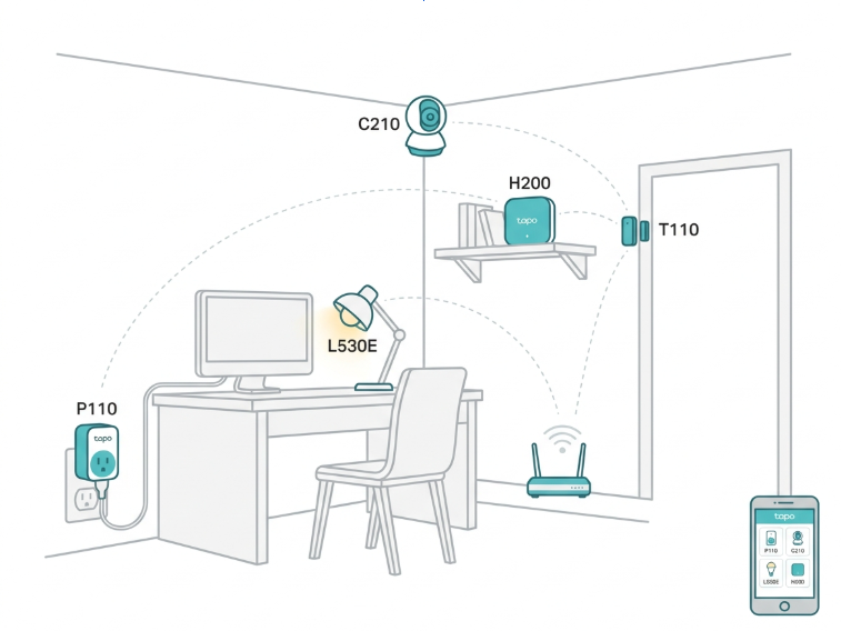 Tapo smart home study room setup for Filipino students - P110 smart plug, C210 camera, L530E study bulb, and H200 smart hub with door sensor