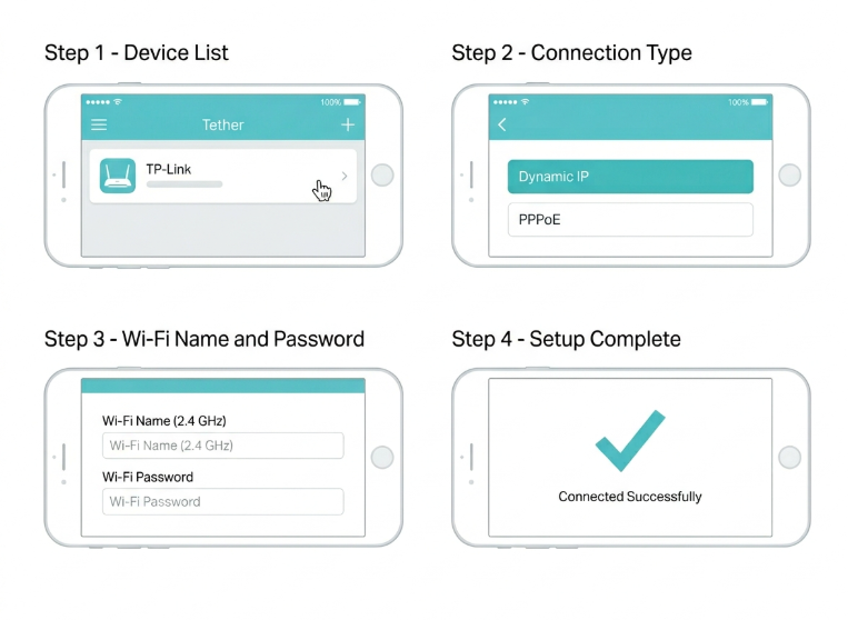 Four-step Tether app setup flow illustration for TP-Link router in the Philippines - device list, connection type selection, Wi-Fi naming, and setup complete screen