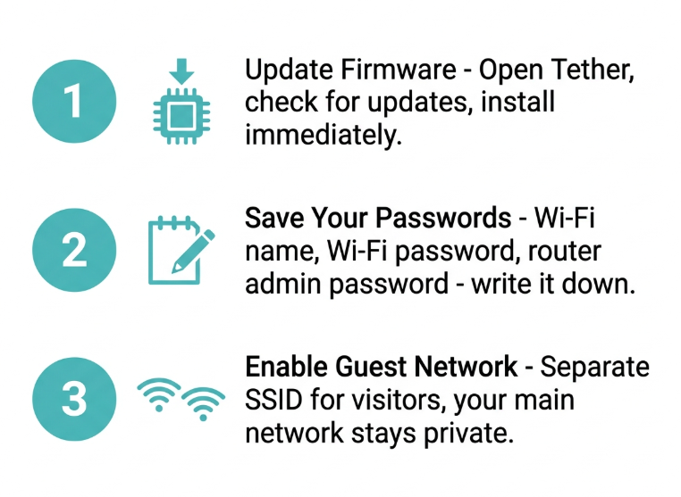 Three post-setup steps for a TP-Link router in the Philippines - firmware update, password backup, and guest network setup using the Tether app