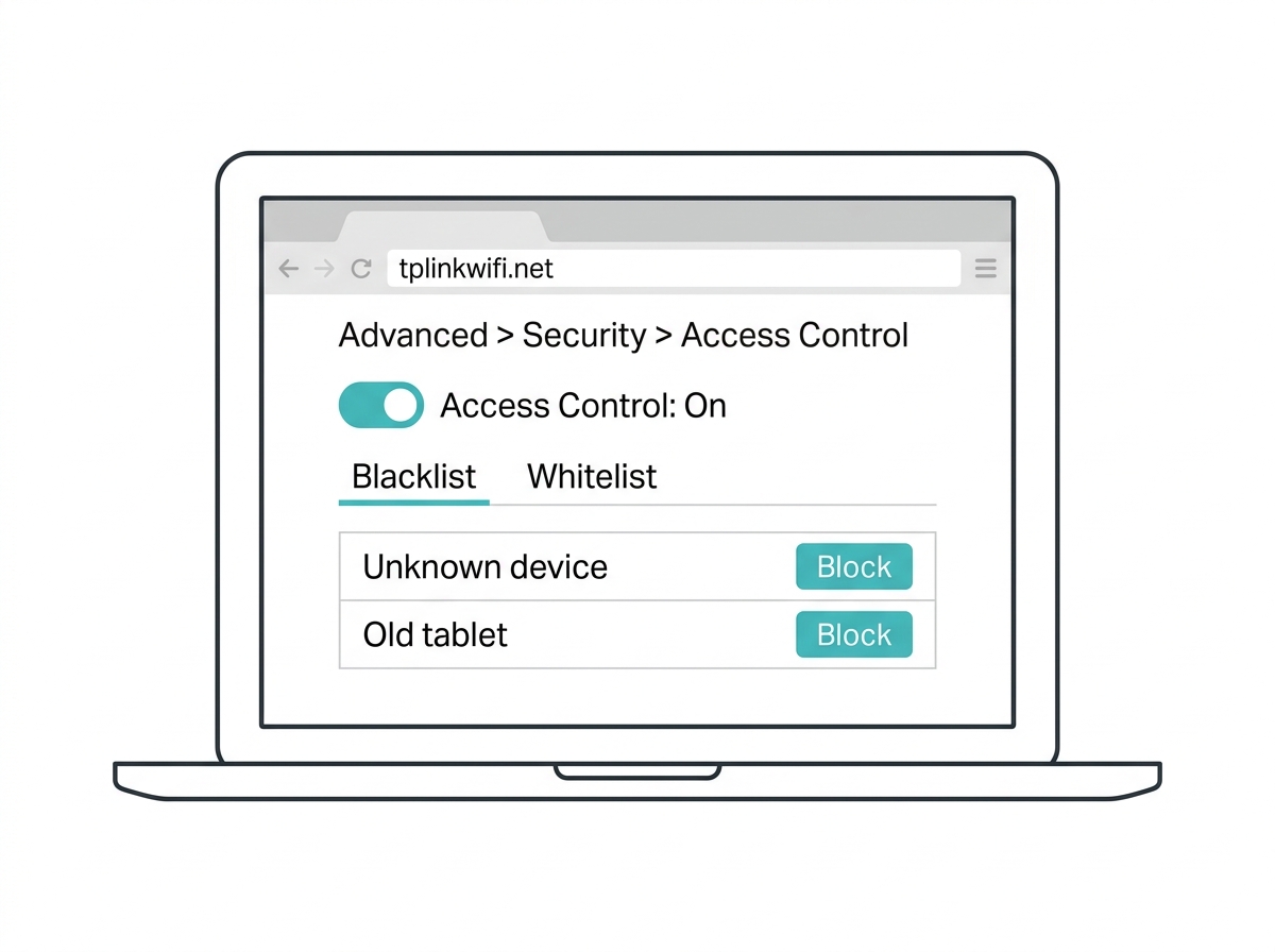 TP-Link router web admin page showing Access Control in Blacklist mode with devices ready to block