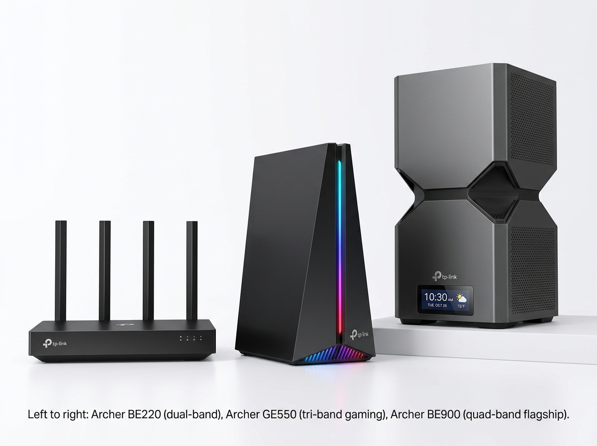 Product photo comparing three real TP-Link WiFi 7 routers side by side, from entry-level to flagship