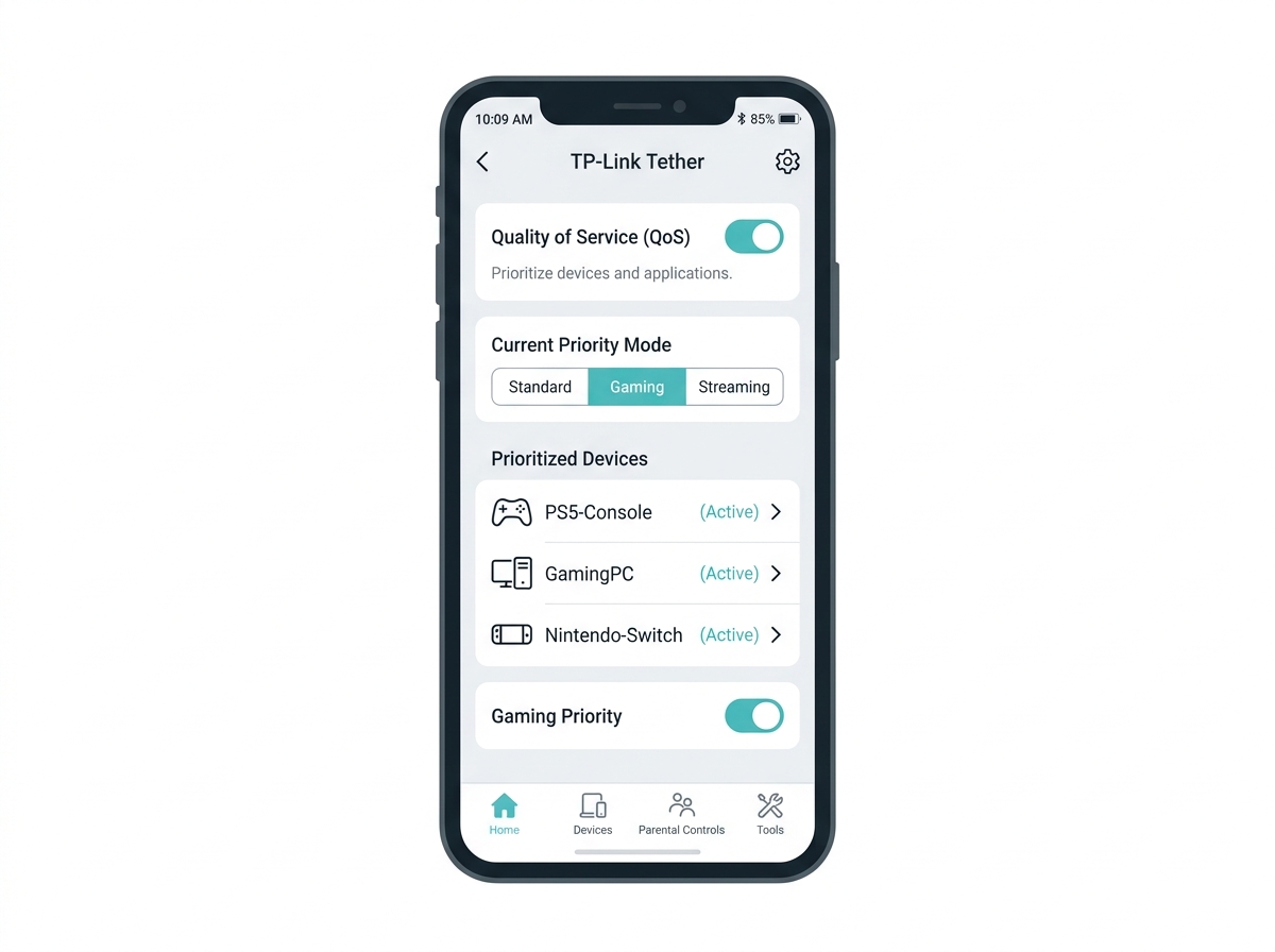 TP-Link Tether app QoS gaming priority settings to lower ping - prioritize gaming device over other household traffic