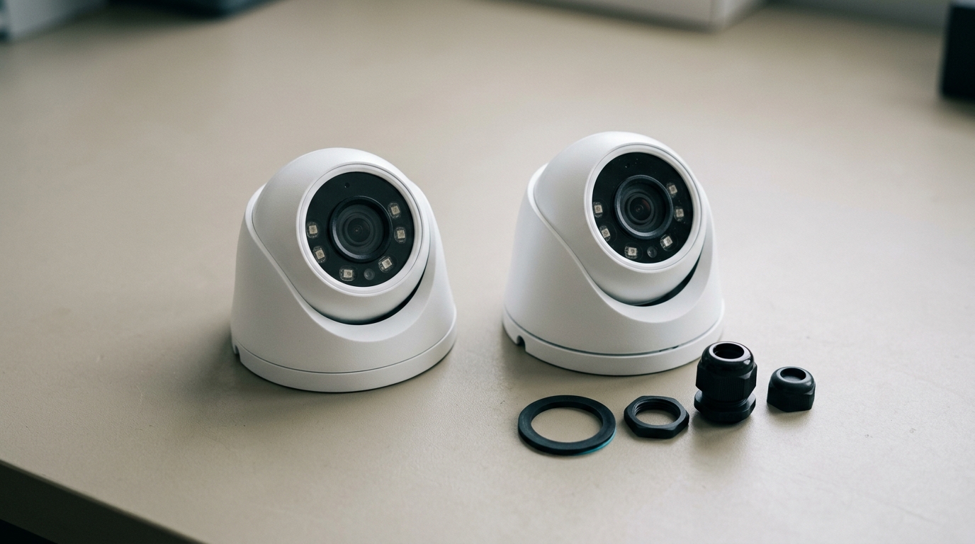 Two nearly identical white turret cameras side by side on a workbench, one with a sealing gasket kit laid beside it