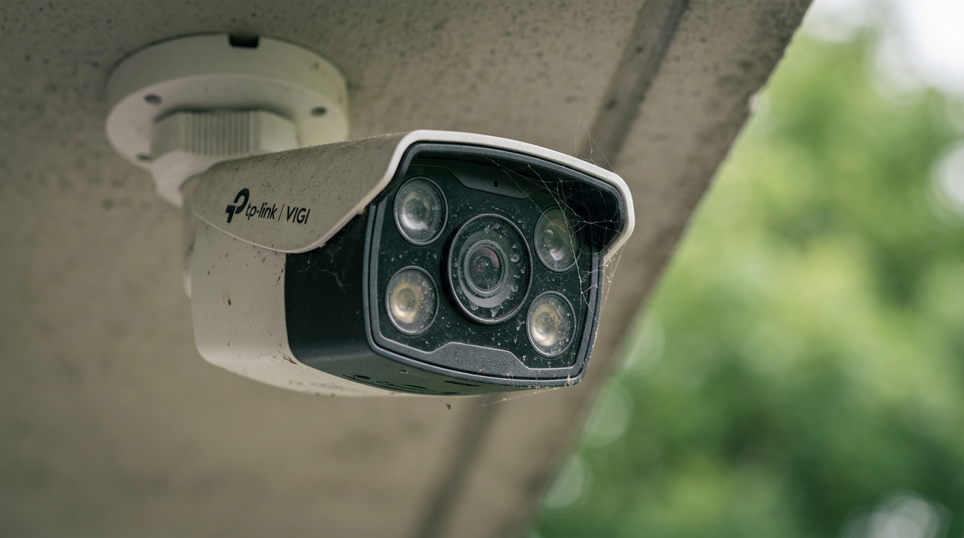 Outdoor VIGI camera under an eave with a film of dust on the housing and a cobweb across one edge
