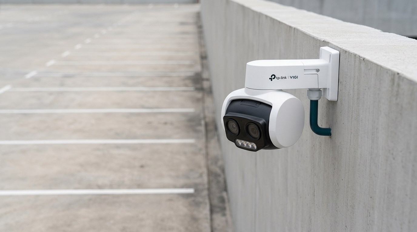 VIGI C540V pan tilt camera on its wall bracket, mounted high on a wall and angled out over an empty car park