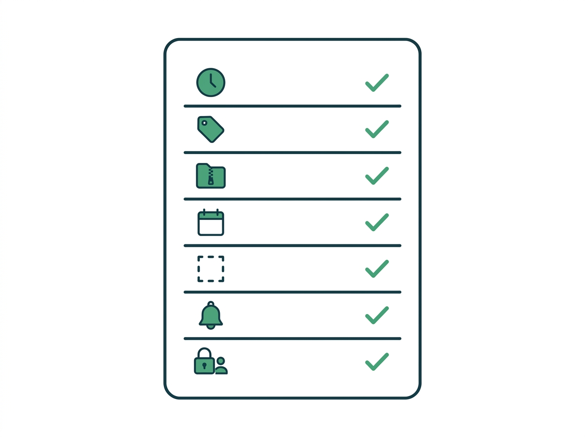 Checklist of day-one camera settings covering time, names, compression, schedule, detection, notifications, and user accounts
