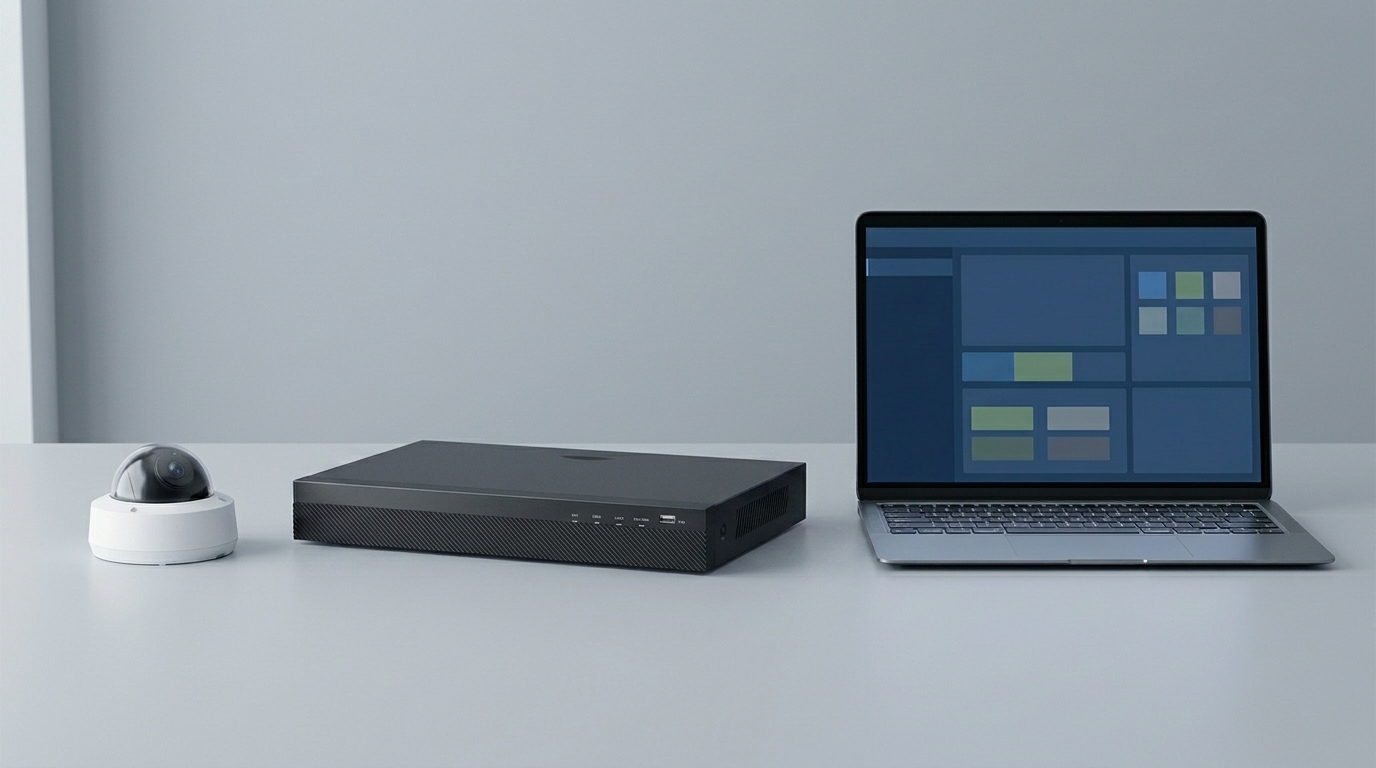 VIGI camera, network video recorder, and an open laptop showing a management dashboard on a plain desk