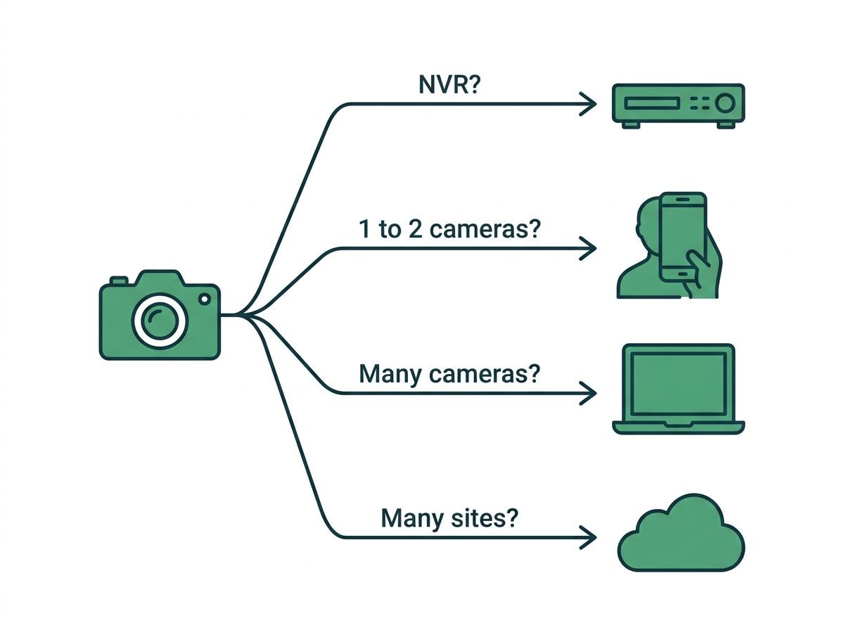 Decision flowchart choosing between NVR, VIGI App, Config Tool, and Cloud VMS setup paths based on camera count and site count