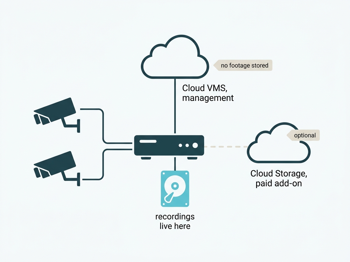 Management flowing to a cloud platform while recordings stay on the local recorder unless a separate storage service is added