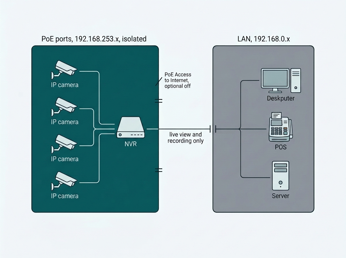 Cameras on an isolated 192.168.253.x subnet behind an NVR, with only the NVR connecting to the main 192.168.0.x business network