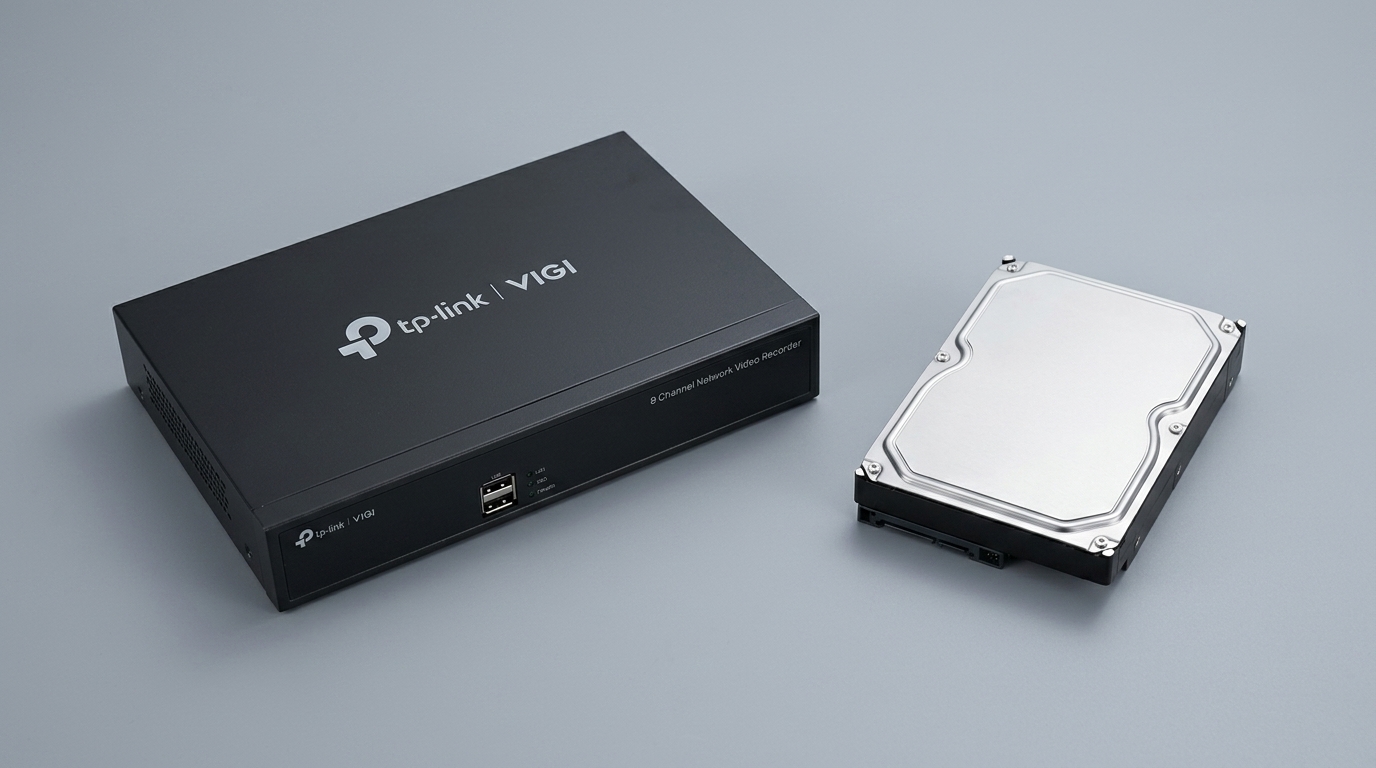 VIGI network video recorder on a shelf beside a bare hard drive