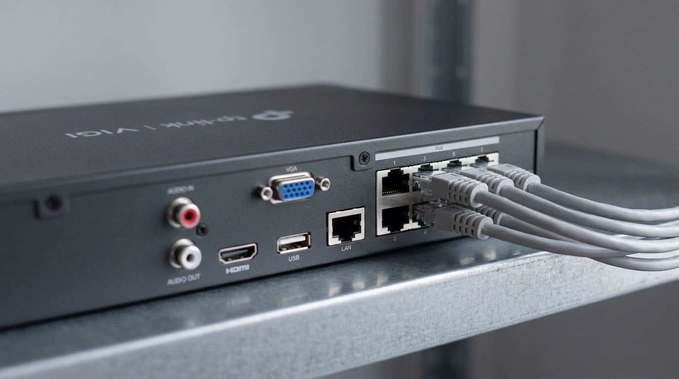 VIGI network video recorder on a shelf with network cables connected to its rear ports