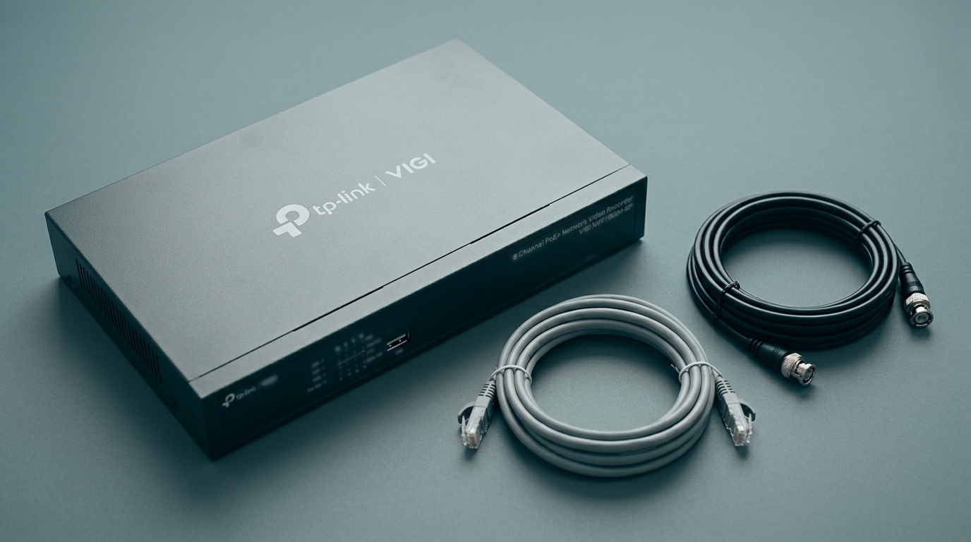 VIGI network video recorder on a shelf with a coiled network cable beside a coiled coaxial cable