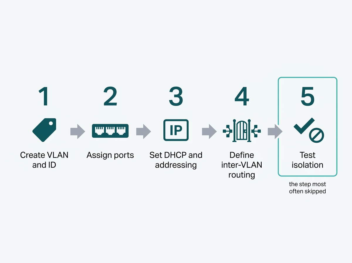 Five-step VLAN configuration sequence from creating the VLAN through to testing isolation