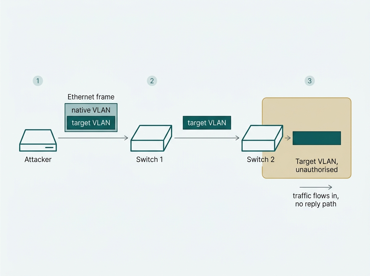 Diagram of a double-tagged frame losing its outer tag at the first switch and reaching an unauthorized VLAN at the second