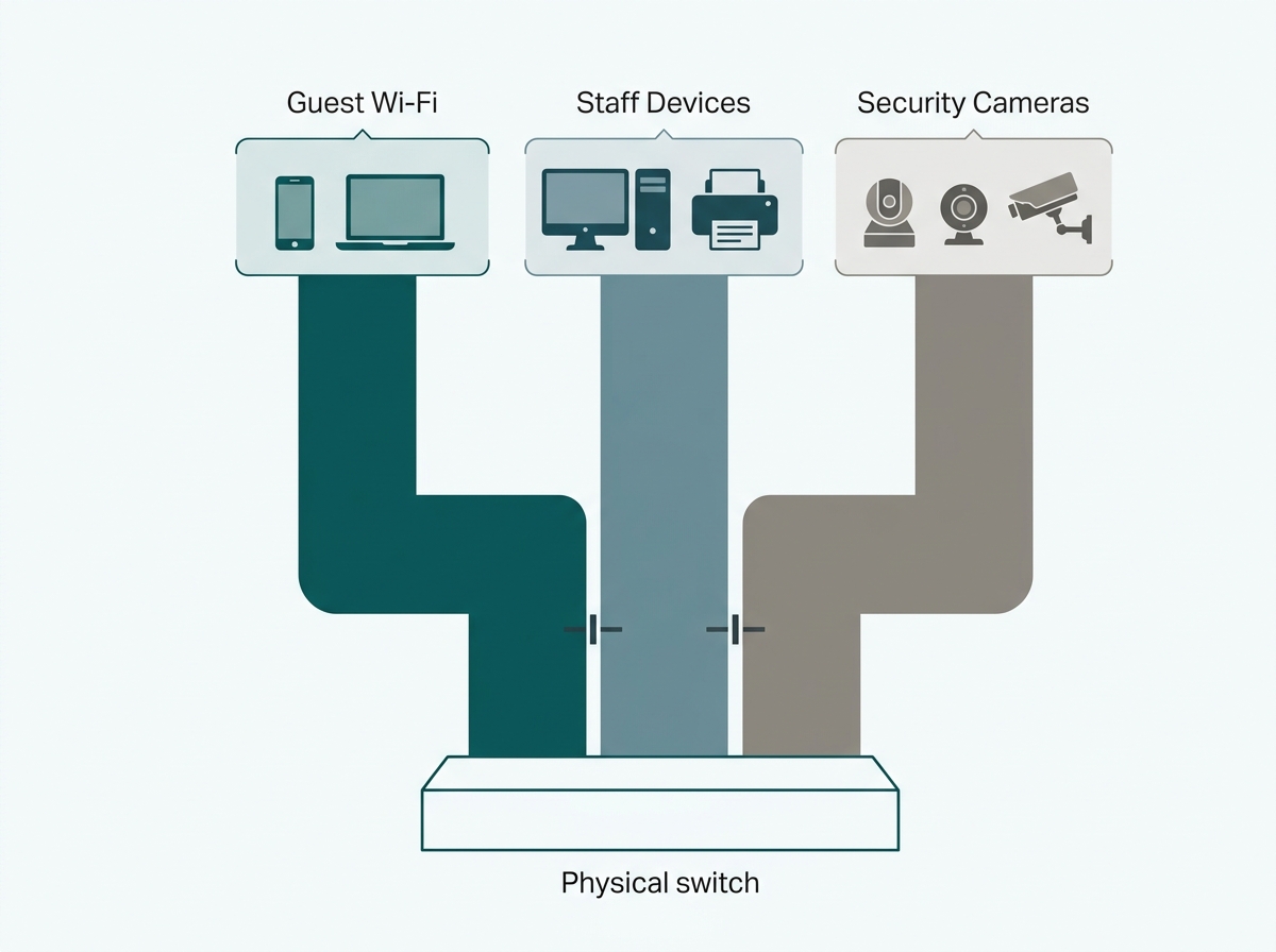 Diagram showing guest Wi-Fi, staff devices, and security cameras on three isolated VLANs running through a single physical managed switch