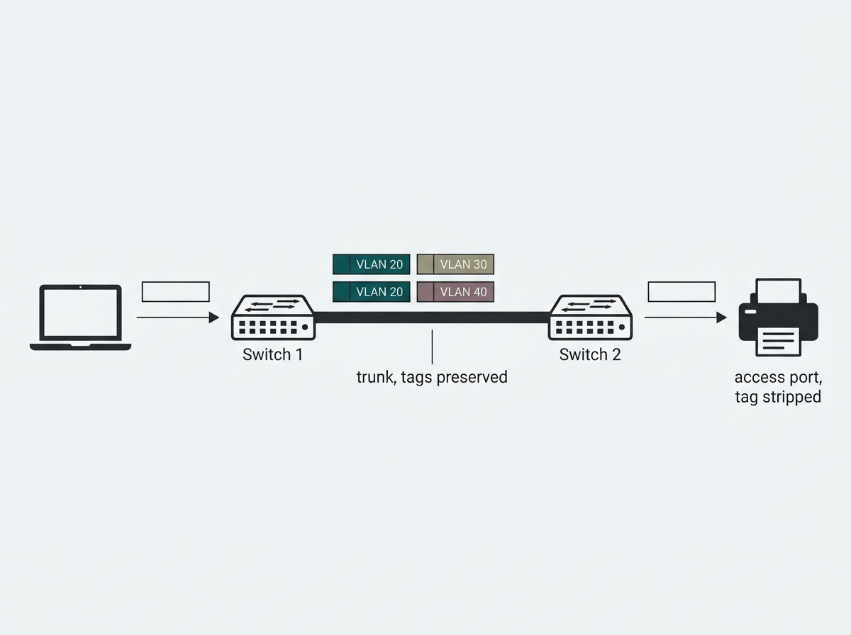 Frame gaining a VLAN tag at the first switch, crossing a trunk link tagged, and having the tag stripped before delivery to the end device