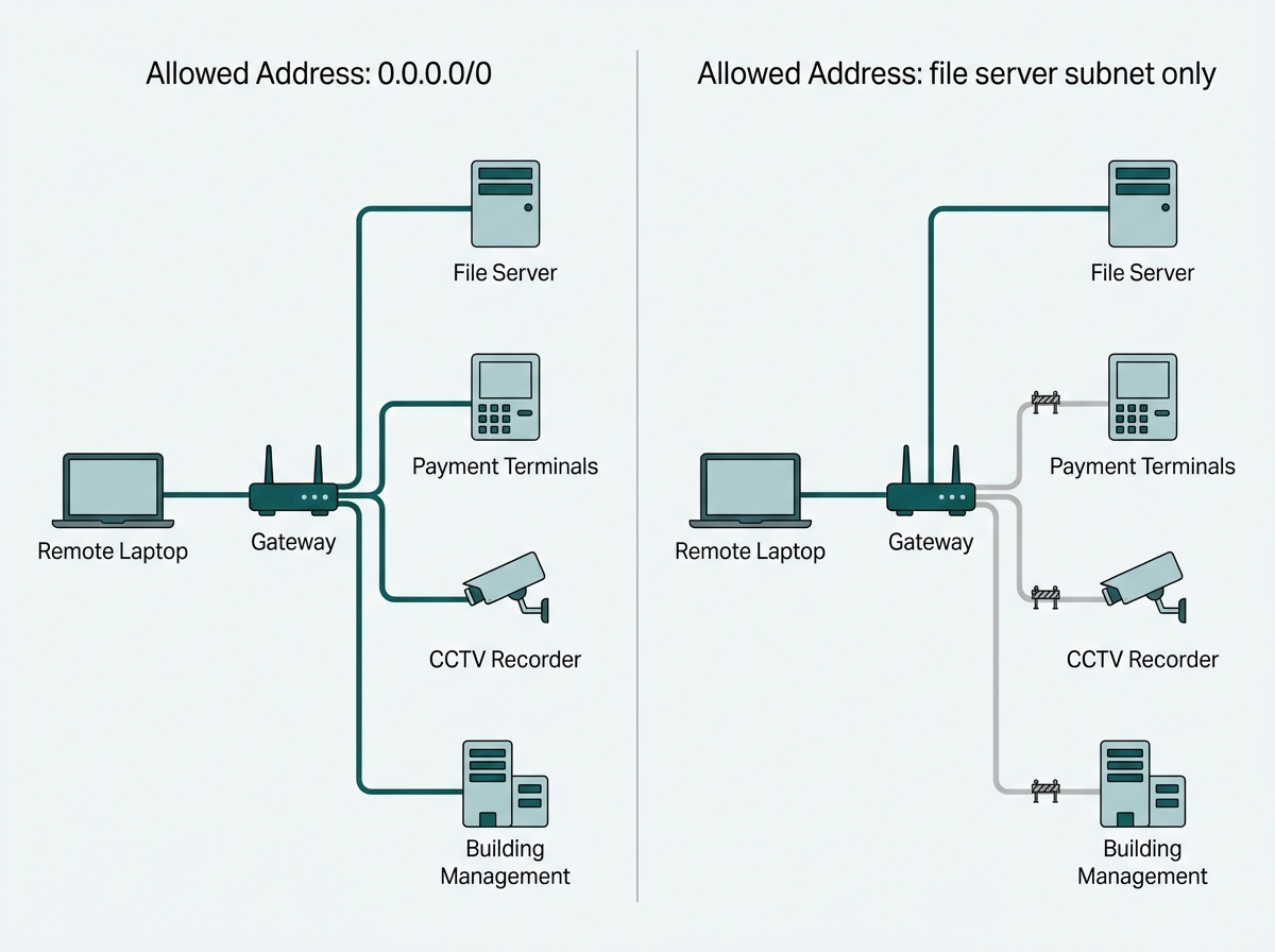 Comparison showing a VPN peer set to 0.0.0.0/0 reaching every internal subnet beside a scoped peer limited to a single file server subnet