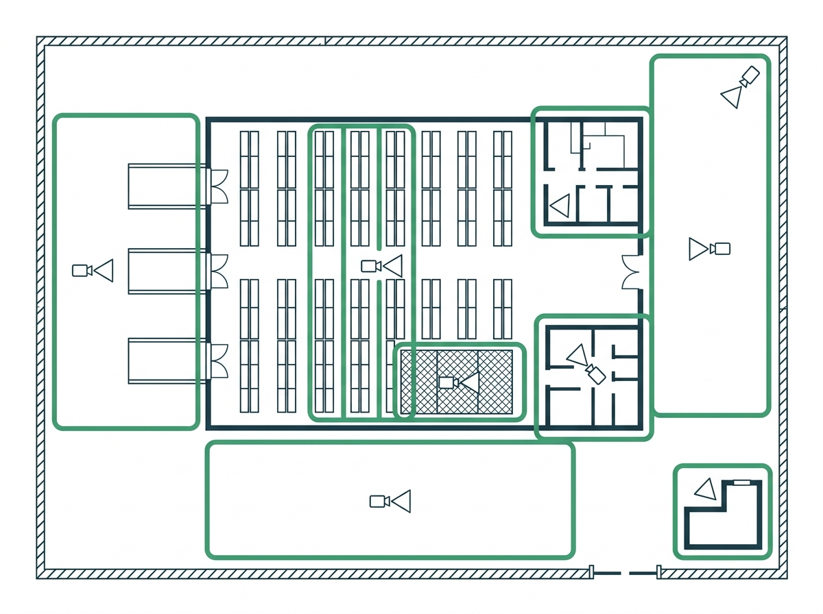 Warehouse site plan marking six camera zones at the docks, aisles, stock cage, yard, gatehouse, and office