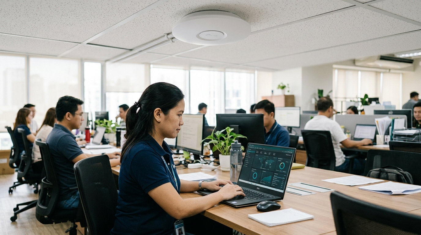 Network administrator in a Philippine office working at a laptop showing a network dashboard, with a ceiling-mounted access point overhead