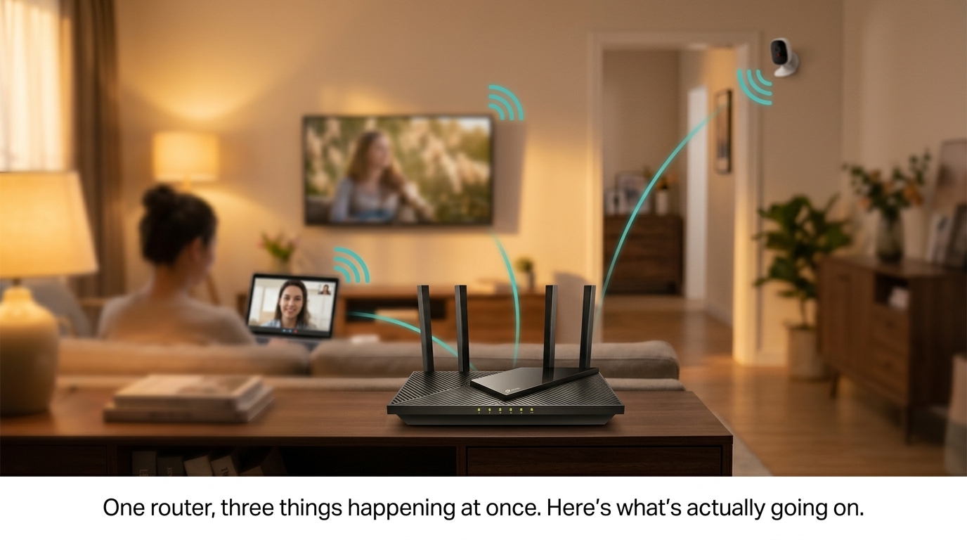 A real TP-Link router keeps an entire household connected at once: a video call, a stream, and a smart camera all working together