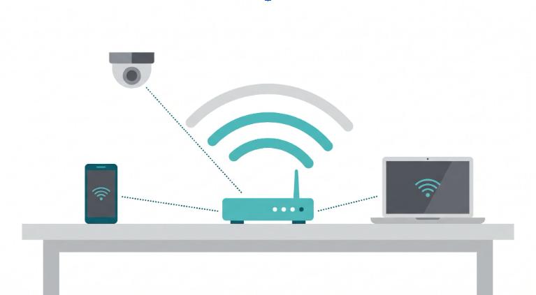 Flat illustration of a wireless router broadcasting radio waves to a smartphone, laptop, and smart camera in a home