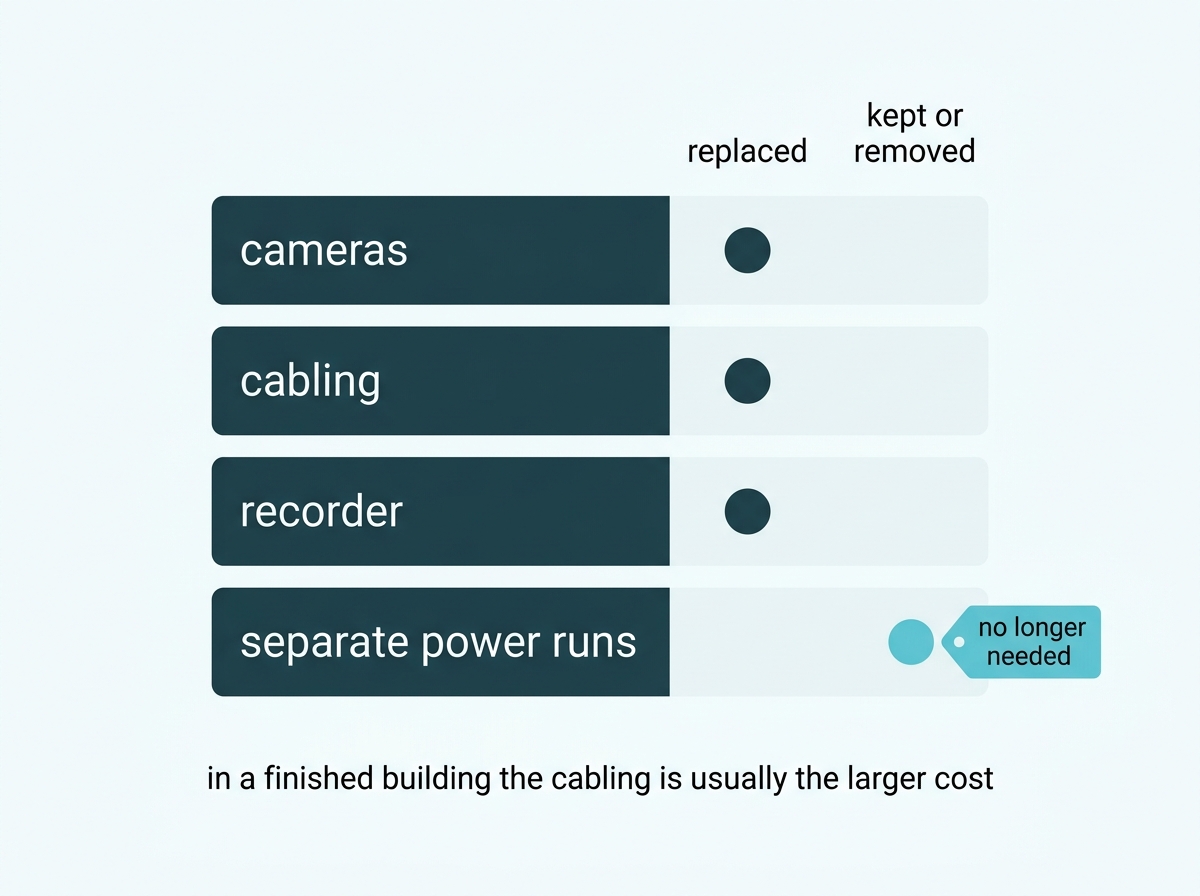 Cameras and cabling marked as replaced during a switch, with the recorder position and power runs marked as removed