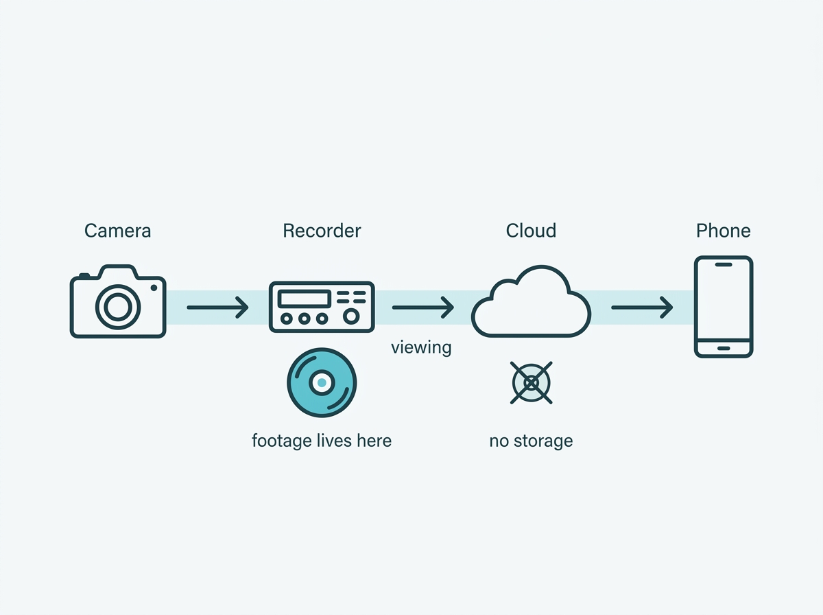 Video path running from camera through a recorder and a cloud service to a phone, with storage marked only at the recorder