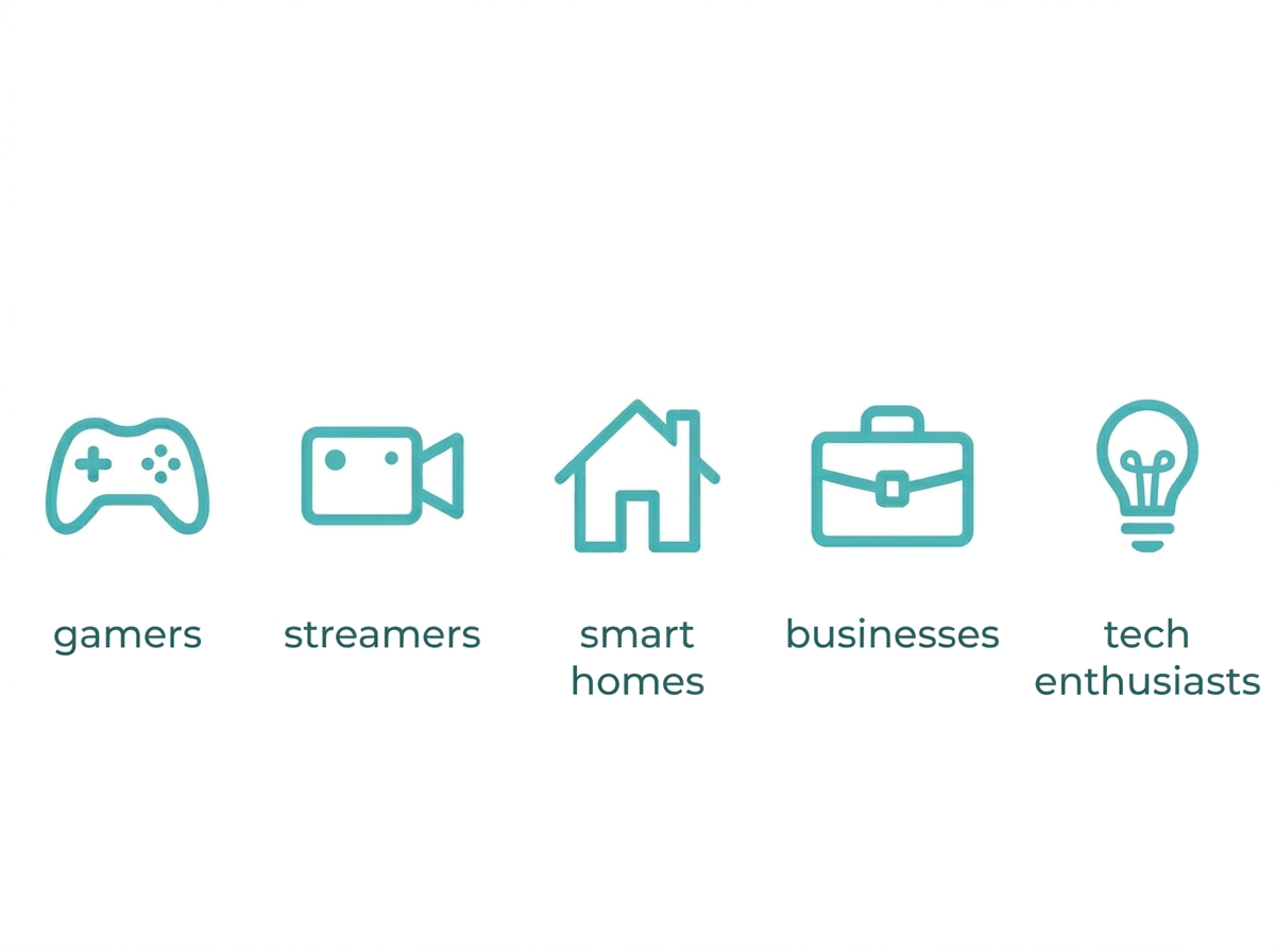 Flat icon grid showing five user types who benefit from WiFi 7: gamers, streamers, smart homes, businesses, and tech enthusiasts