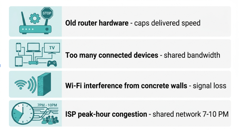 Four most common causes of slow download speed in Philippine homes - router hardware, devices, interference, and ISP congestion