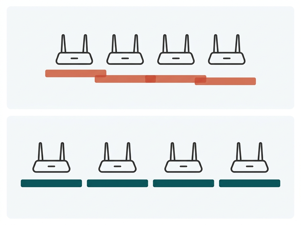 Flat illustration comparing congested WiFi channels to wider spaced WiFi 6E channels across access points