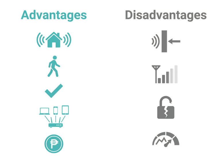 Flat two-column icon grid showing WiFi advantages like convenience and mobility versus disadvantages like interference and limited range