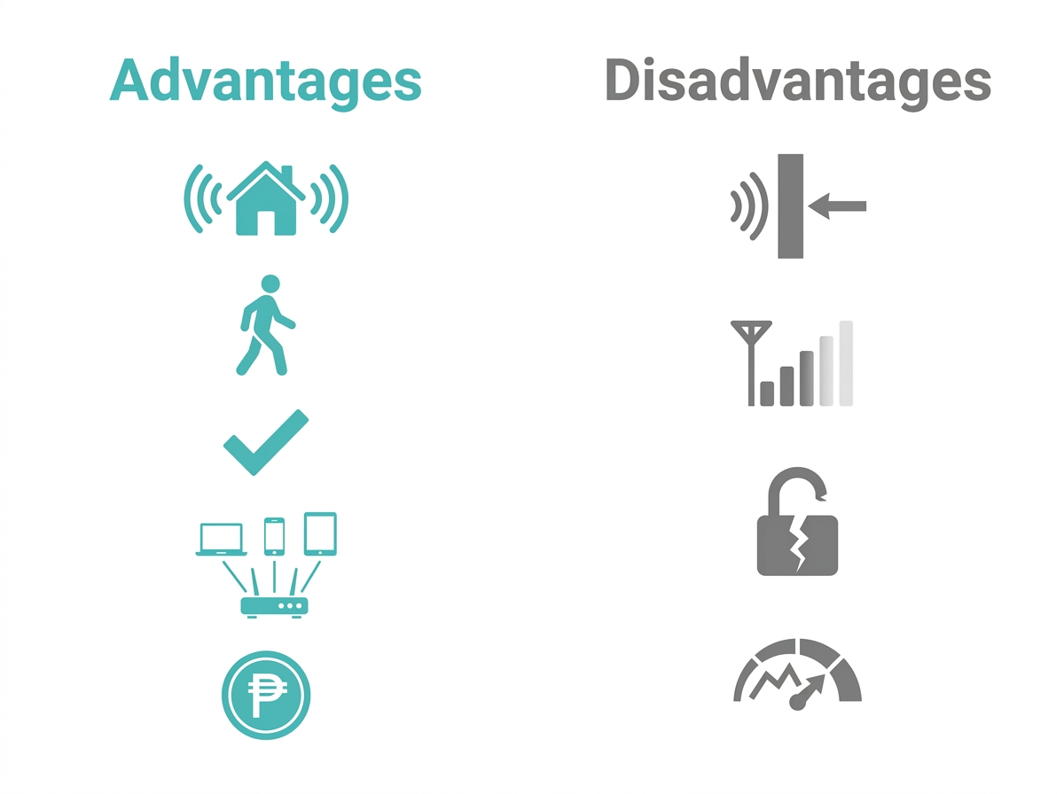 Flat two column icon grid showing WiFi advantages like convenience and mobility versus disadvantages like interference and limited range