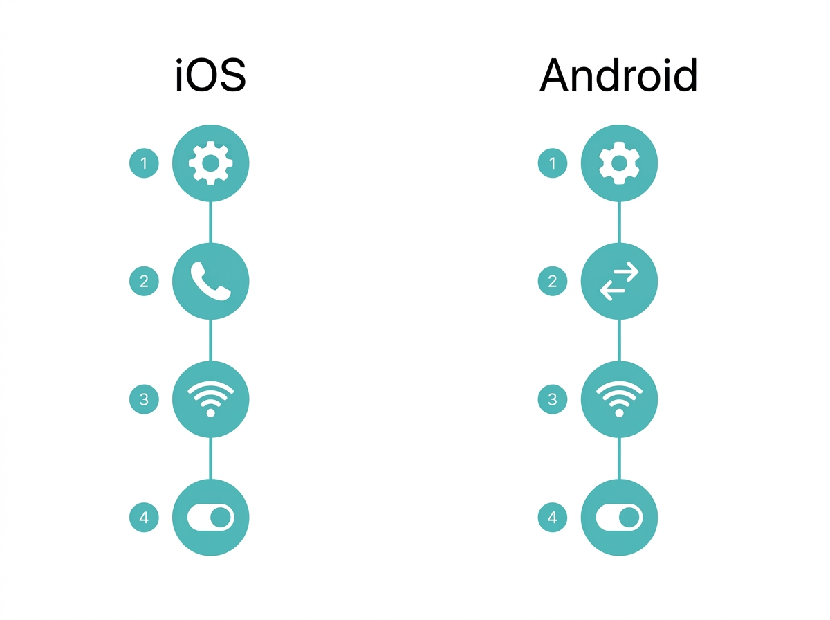 Flat step-by-step diagram showing how to turn on WiFi calling on iOS and Android settings menus